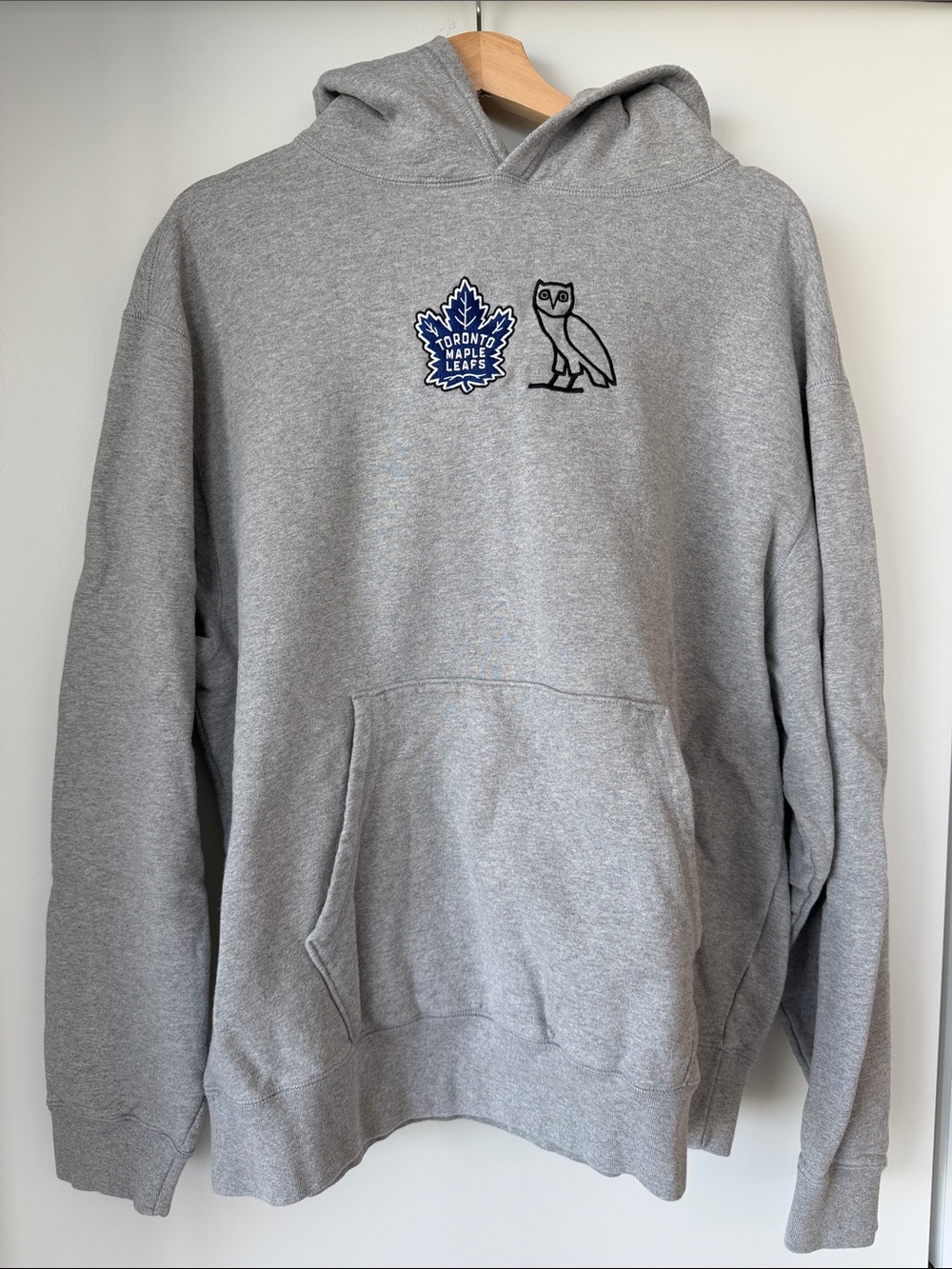OVO Grey Hoodie with Blue Maple Leaf and Black Owl Logos